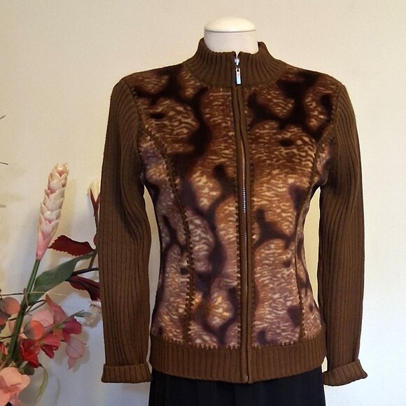 NWT Woman's Brown Multi Color Zip-Up Cardigan Knitwear Lightweight Sweater 6 S - Picture 2 of 6